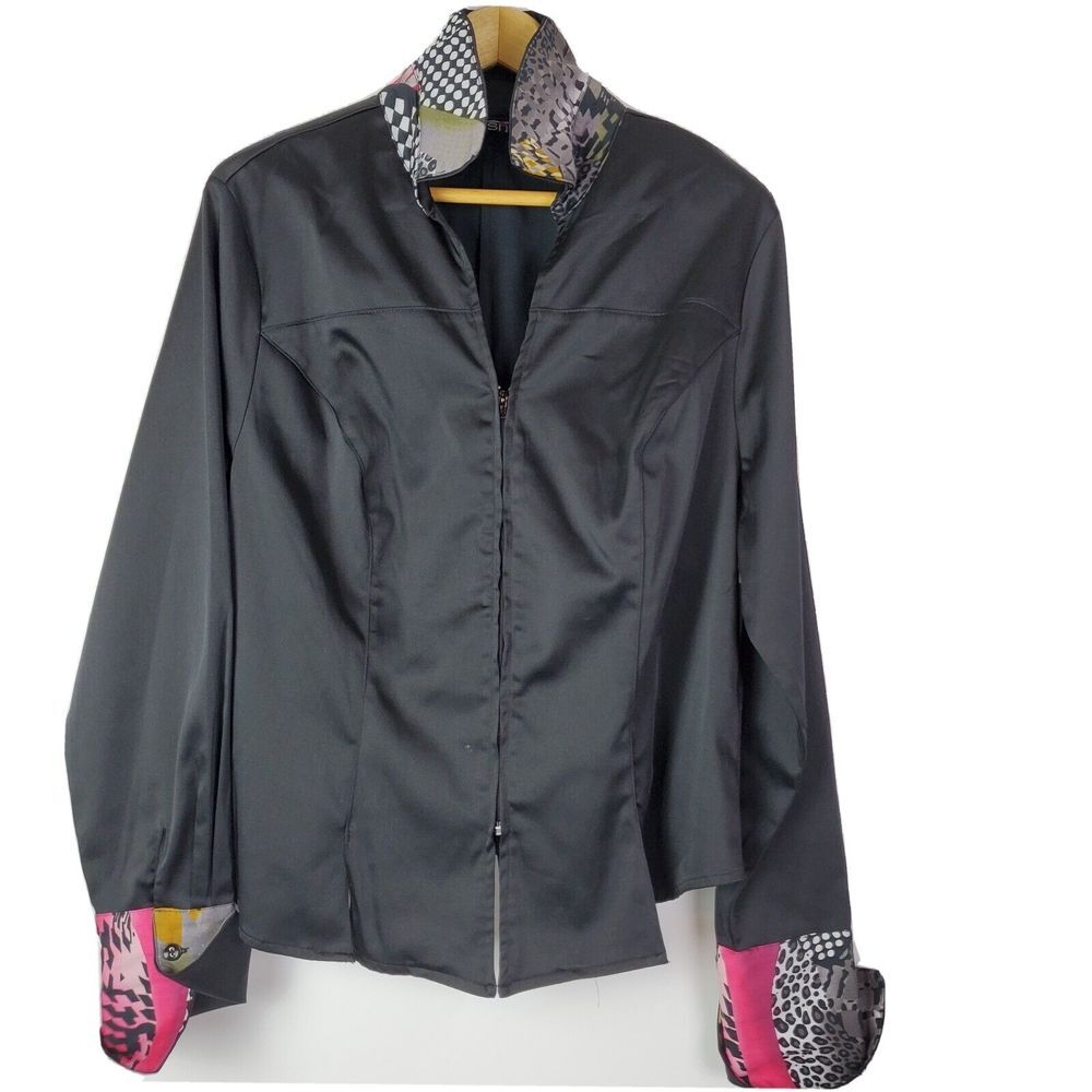 Mishca Women's Satin Blouse Black Pink Full Zip‎ Size Large GUC